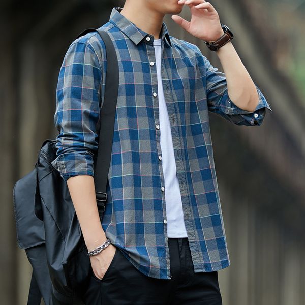 

spring 2021 and summer new men's long sleeve plaid shirt casual loose work trend jacket cotton, White;black