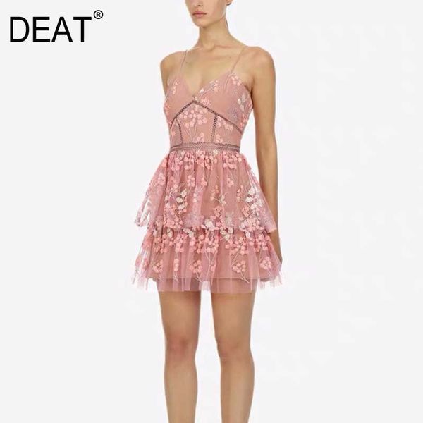 

[deat] summer fashion v-neck high waist embroidery sleeveless printing temperament elegant dress women 13c700 210527, Black;gray