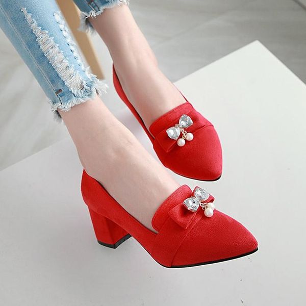 

dress shoes 2021 matte leather bow rhinestone thick heel pointed high heels children, Black