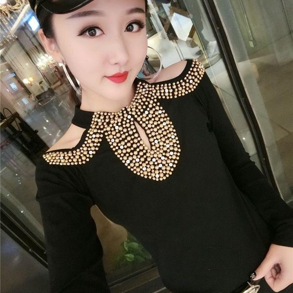

women's t-shirt 2021 autumn winter women drilling hollow out slim tees female fashion off-shoulder all-match t shirt a198, White