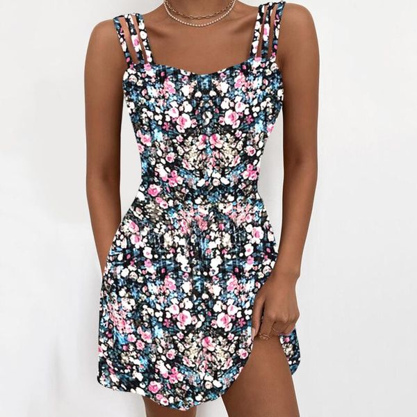 

women's swimwear floral dress women sleeveless spaghetti strap ladies backless mini elegant high waist slim beach party vestidos, White;black