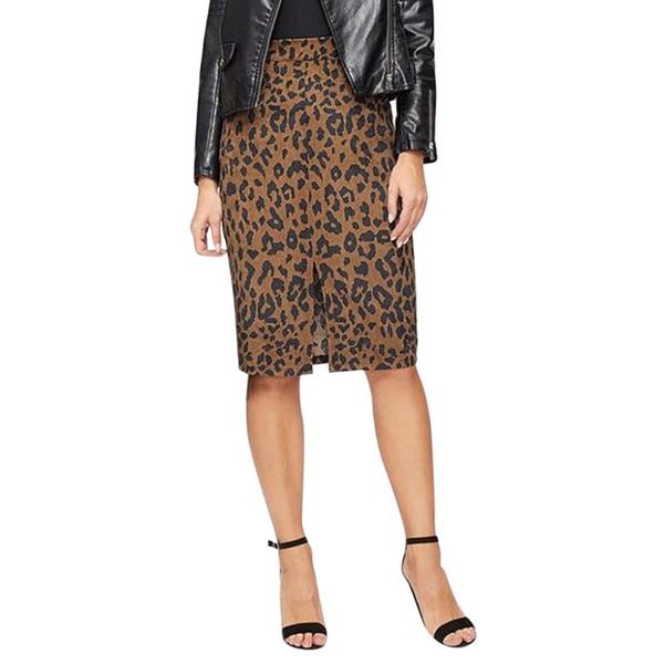 

skirts fashion womens leopard print pocket package hip zipper slim fit split skirt, Black