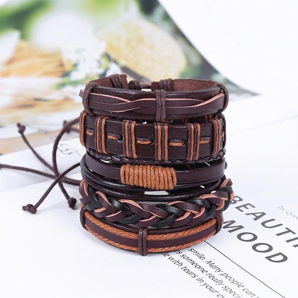 

tennis adjustable leather bracelet vintage 5pcs/set men handmade wonen strand braclet homme gothic multilayer wrap braslet, Golden;silver