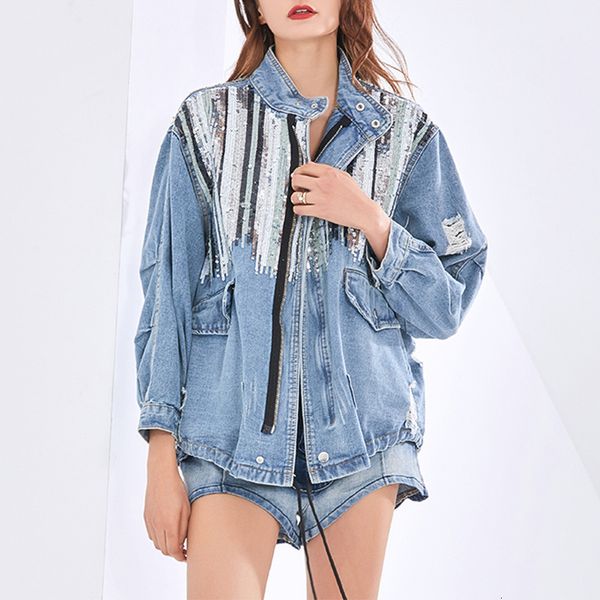 

winter casual sequin collar Loose seam big size denim female jacket, Black;brown