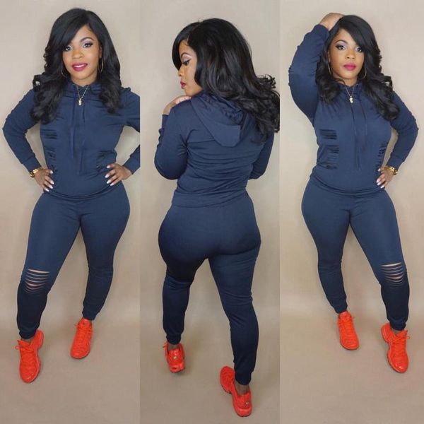 

women's tracksuits ueteey two-piece casual solid hole design hooded women pant set, Gray