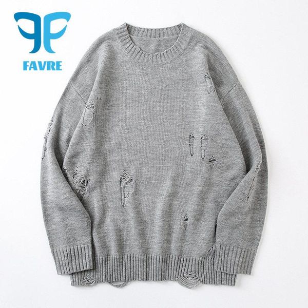 

men's sweaters favre ripped hole pullover men autumn winter round neck long sleeve jumpers women knitted sweater loose harajuku street, White;black