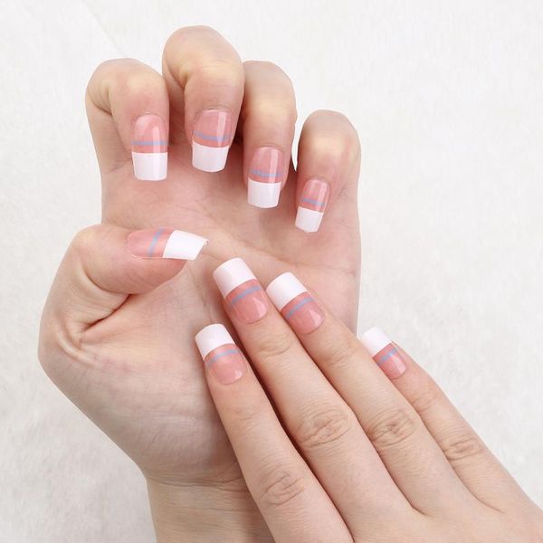 

24pcs square head false nails france white blue stripe design fake nail full cover artificial art tip fashion manicure tool, Red;gold