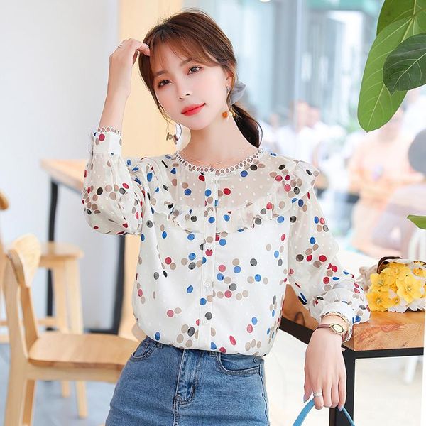 

women's blouses & shirts shirt spring and autumn korean loose long sleeve round neck polka dot chiffon 1-1014#], White