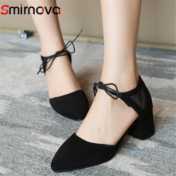 

dress shoes smirnova 2021 arrival women pumps flock pointed toe lace up summer square heels elegant party woman, Black