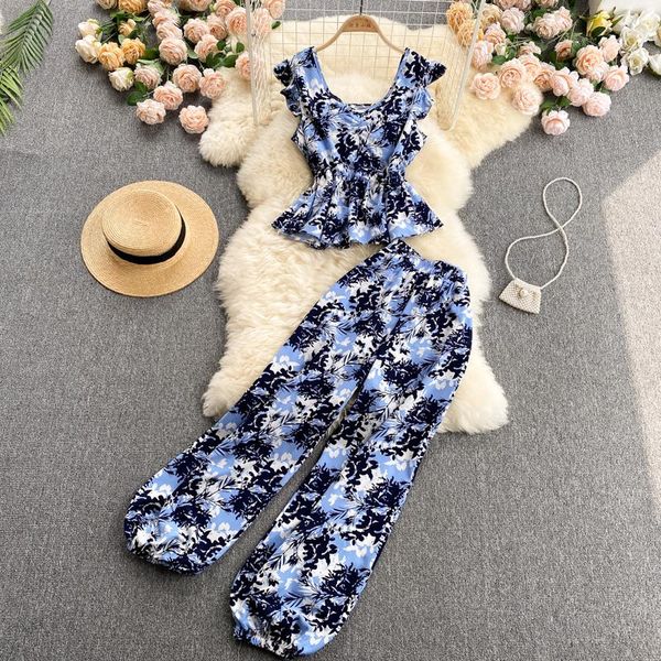 

women's two piece pants cool summer set sweet short printed vest tank & high-waisted lantern trousers suits fashion 2pcs sets, White