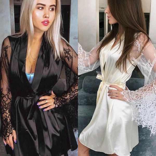 

women's sleepwear satin robe lace bathrobe perfect robes dressing gown for women nightwear, Black;red