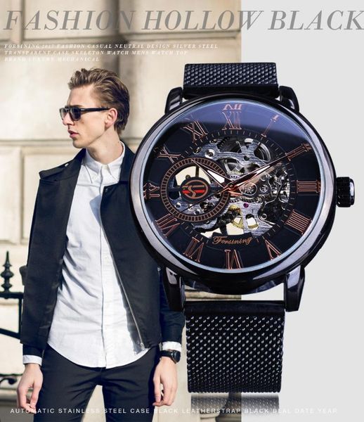 

wristwatches forsining watch 2021 fashion black stainless steel street series open work skeleton mens mechanical wrist, Slivery;brown