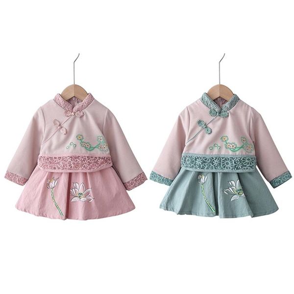 

girl's dresses 2021 baby girls dress kids hollow disc button plus velvet ancient fairy children hanfu for year, Red;yellow