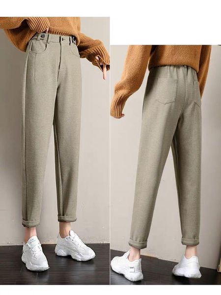 

women's pants & capris solid woolen harem loose ankle-length korean style vintage baggy hip office lady trousers, Black;white