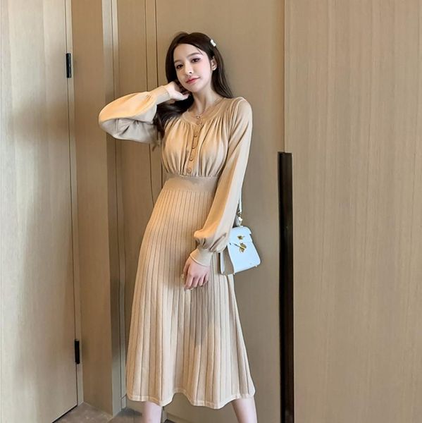 

autumn winter korean knitted dresses women long stripe female lantern sleeve single-breasted a-line elegant ladies dress vestidos casual, Black;gray