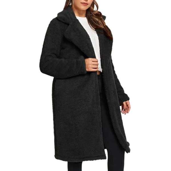

women's jackets fleece coat women 2021 winter warm black long cardigan solid color turn dowm collor jacket, Black;brown