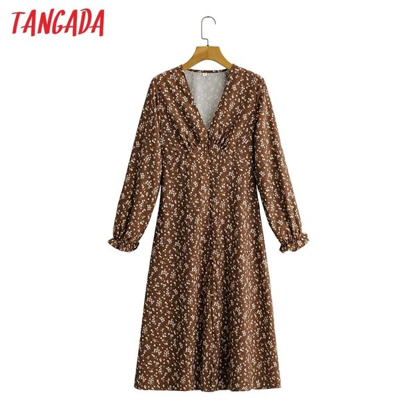 

fashion women brown flowers print buttons v neck long sleeve high street ladies midi dress sy113 210416, Black;gray