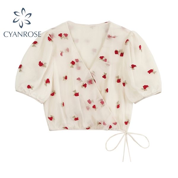 

streetwear floral embroidery bow lace up blouse women summer vintage puff short sleeve shirts tide all-match sweet 210430, White