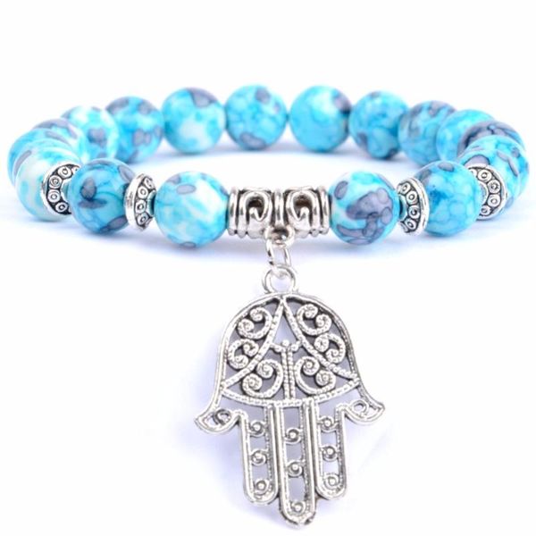 

charm bracelets fashion fatima for women boho 8mm blue stone beads bracelet men jewelry accessories wholesale, Golden;silver