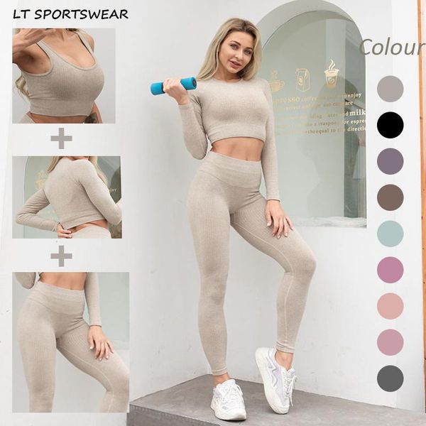 

yoga outfit women's tracksuit sports bra purple leggings long sleeve u collar crop khaki stripe thread knitted 3 piece seamless set