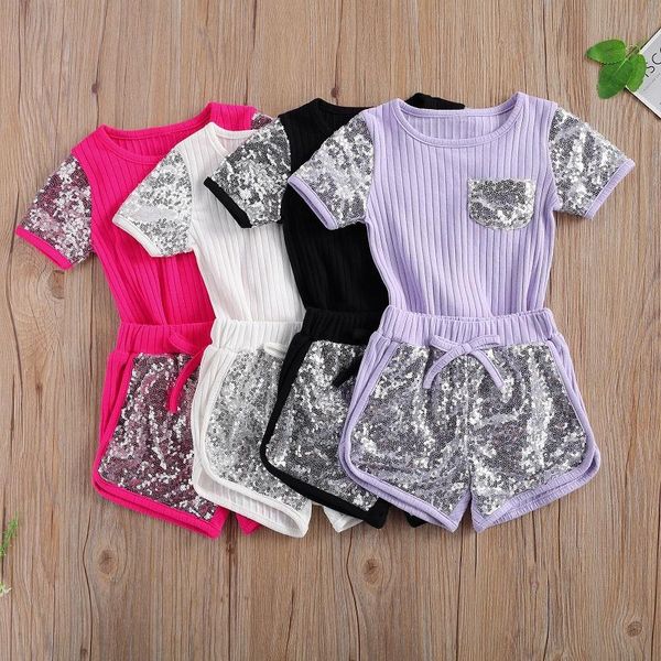 

clothing sets 2pcs set toddler kids baby girl short sleeve cotton t-shirt sequins shorts bottom outfits summer clothes, White