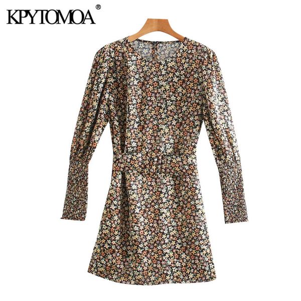 

women chic fashion with belt floral print mini dress vintage o neck long sleeve female dresses vestidos mujer 210416, Black;gray