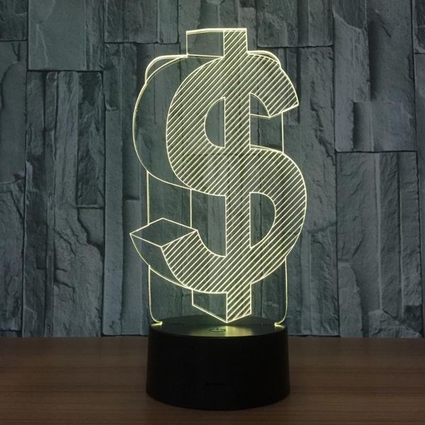 Nachtlichter, USD-Dollar, 3D-LED-Licht, RGB-Farbwechsel, Tischlampe, Neuheit, Symbol, Nachtlicht, Dekoration für Weihnachtsgeschenk