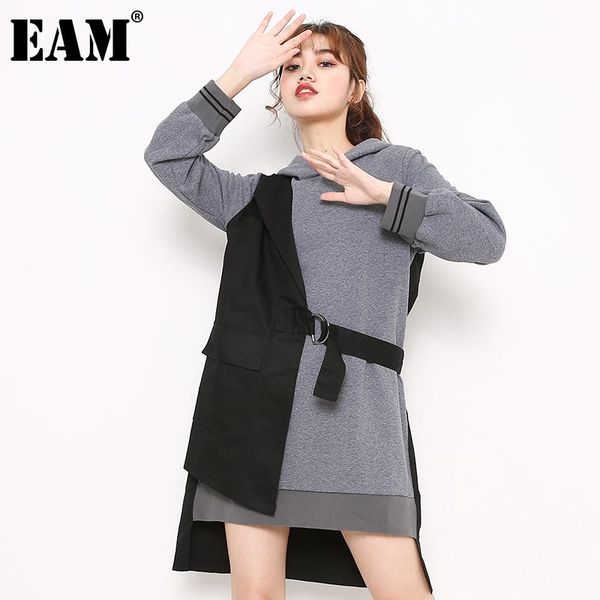 

[eam] women contrast coor gray irregular dress round neck long sleeve loose fit fashion tide spring autumn 2021 1dd112402 casual dresses, Black;gray