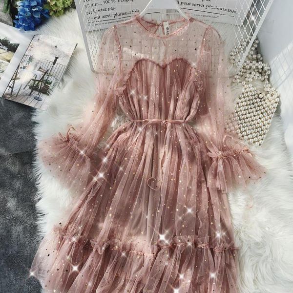 

casual dresses vintage lace women 2021 summer o-neck flare sleeved see through a-line ruffles lady party, Black;gray