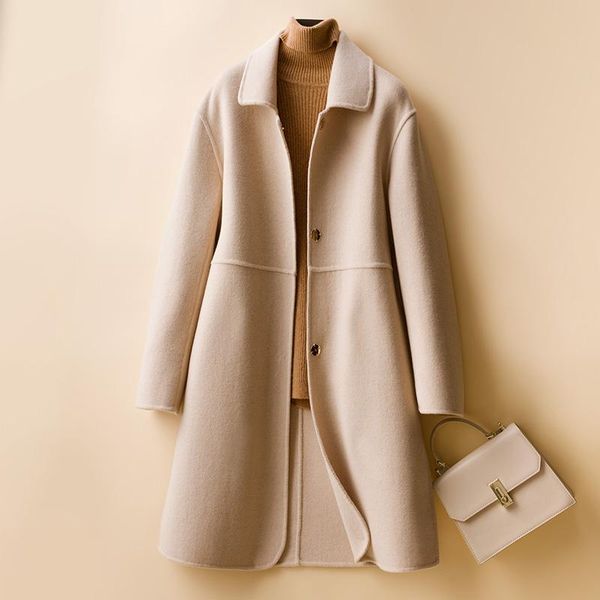 

women's wool & blends 100% woolen long coat woman autumn and winter turn-down neck jacket casual keep warm slim solid color clothing, Black