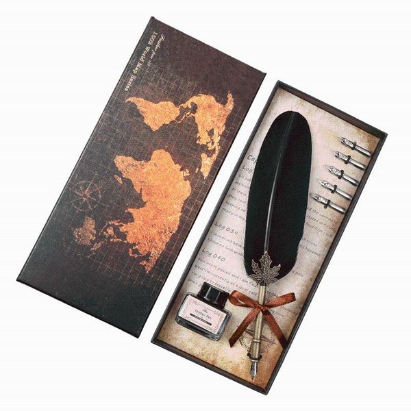 

beautiful colorful vintage turkey feather pen set dip ink calligraphy stationery gift brown metal fountain sets pens