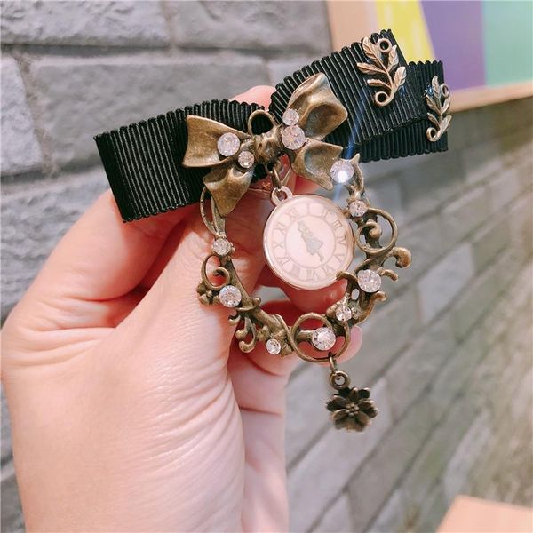 

pins, brooches korean fashion fabric bow brooch pin crystal clock collar pins suit corsage badge vintage jewelry gifts for women accessories, Gray