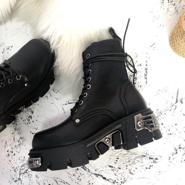 

boots leather ankle for women dr motorcycle platform thick heel winter shoes booties 44 42 41, Black