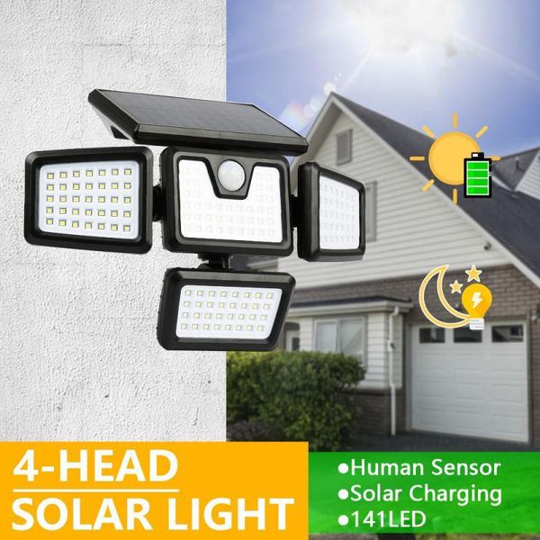 

solar lamps waterproof four-head garden lights higher-capacity batteries 141led light ip65 human sensor courtyard wall lamp