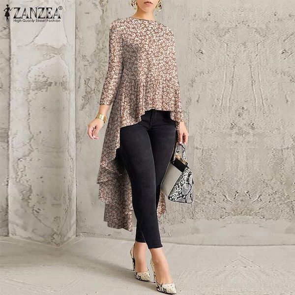 

women's blouses & shirts floral printed long casual sleeve asymmetrical shirt elegant women summer blouse female high low blusas, White
