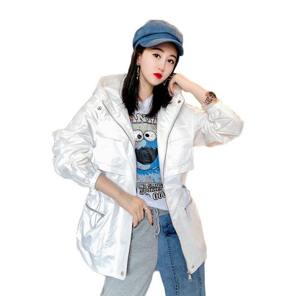 

women's trench coats women jackets drawstring lace up slim waist coat 2021 autumn casual zipper medium-long hooded outwear female windb, Tan;black