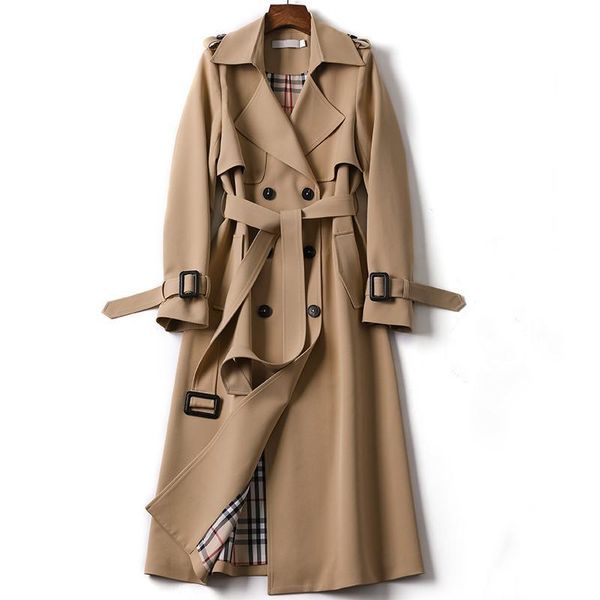 

women's trench coats long 2021 autumn lapel double breasted slim windbreaker korean elegant belted solid coat ladies outwear, Tan;black