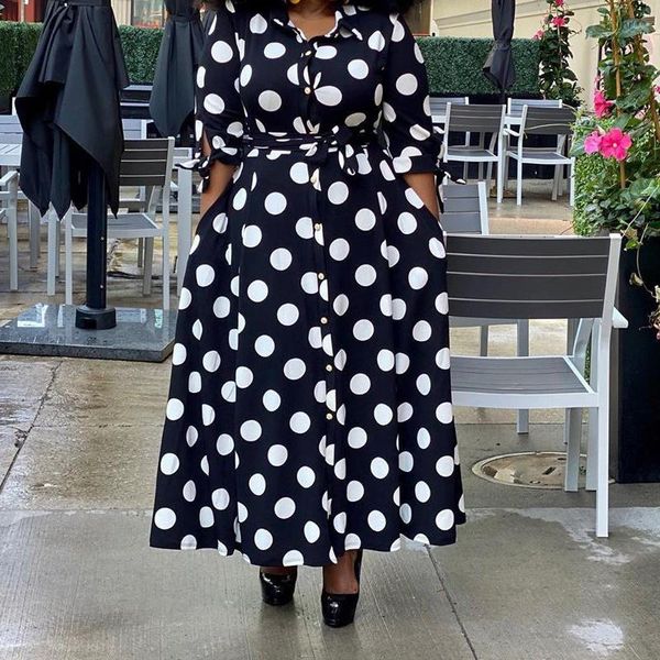 

casual dresses large size women dress 3/4 sleeve dot printed button-up fit and flare with sashes plus for, Black;gray