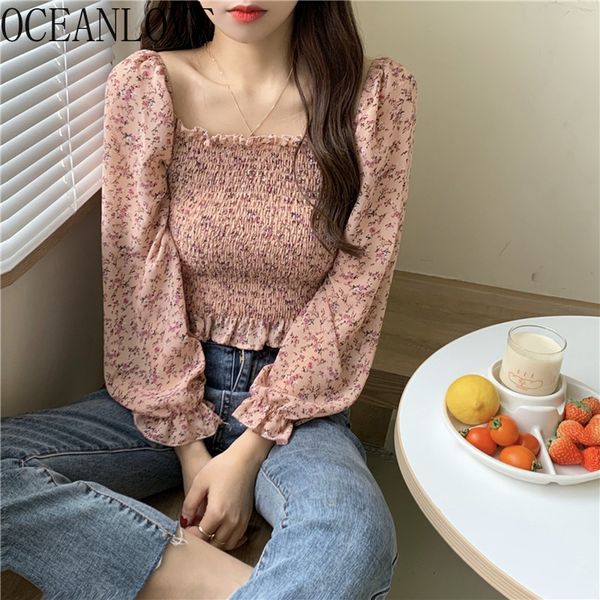 Koreanischen Stil Frauen Blusen Langarm Süße Blumen Kawaii Blusas Chiffon Sexy Kurze Tops Elegante Shirts 17126 210415