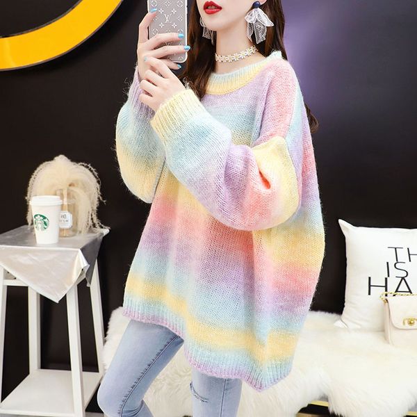 

autumn winter women rainbow sweater and pullovers o-neck long loose style striped korean jumpers candy color oversized pull 2021, White;black