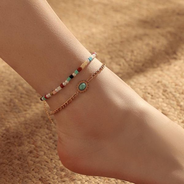 

anklets european fashion golden stainless steel chain anklet women bohemian beach style colored gravel bead foot jewelry, Red;blue