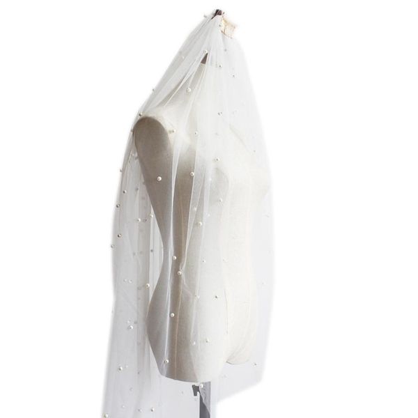 

bridal veils 85lb veil with comb 1-layer cut edge pearls decoration illusion tulle short or long ivory for bride 5 sizes, Black