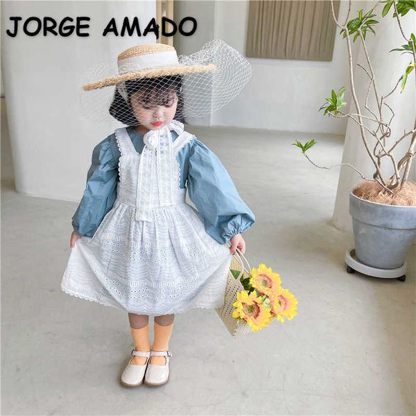 Spring Baby Girl 2-шт. Наборы длинные рукава платье + белые кружевные слинг детская одежда E1042 210610