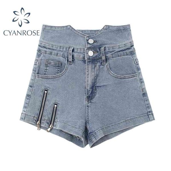 

summer harajuku zipper patchwork denim shorts women fashion high waist jeans short lady korean cowboy trousers 210515, Blue