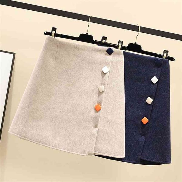 

autumn & winter korean simple solid high waist slimming plus size all-match casual women woolen a-line skirt 210527, Black