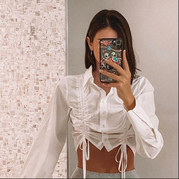 

autumn long sleeve drawstring womens elegant crop shirt for women ruched white aesthetic t female streetwear