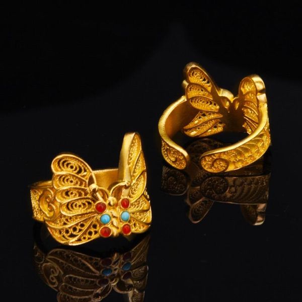 

cluster rings mengyi classic retro butterfly 925 ring women's anniversary gift golden wedding hollow design jewelry bague, Golden;silver