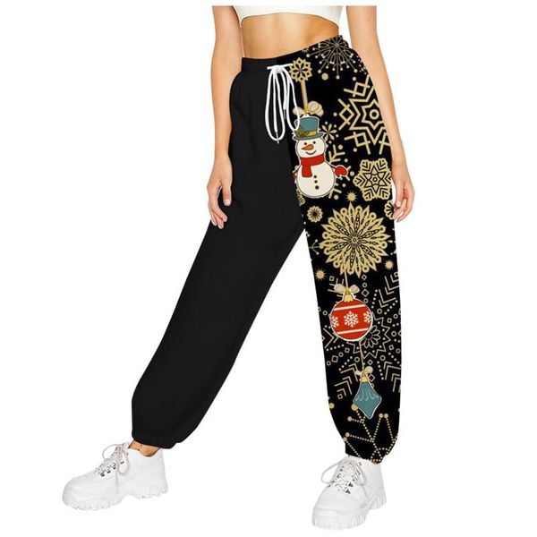 

women's pants & capris snowman cartoon patchwork straight christmas women drawstring high waist trousers casual baggy wild streetwear s, Black;white