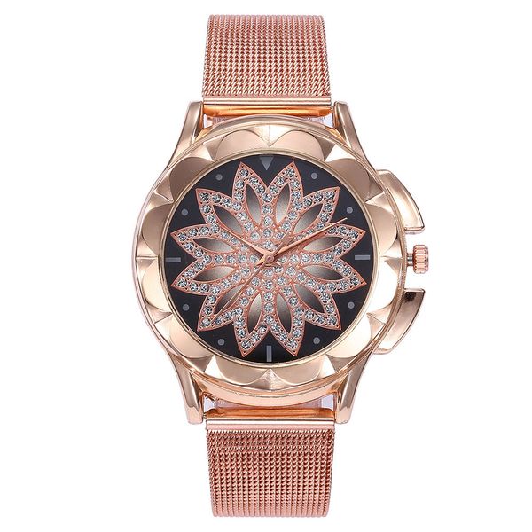 

fashion women flower rhinestone wrist watch luxury casual rose gold steel belt quartz watch relogio feminino, Slivery;black