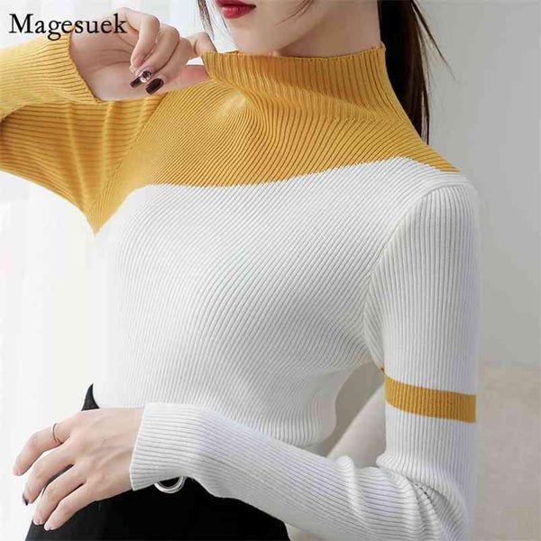 

autumn fashion semi-high collar knitted sweaters women casual for turtleneck patchwork jumper 6998 50 210512, White;black